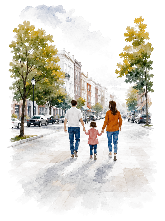 A family walking together down a tree-lined street of small houses