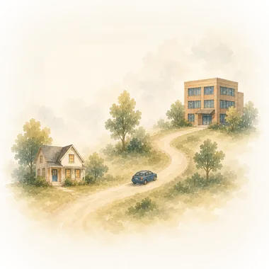 A person gazing out a train window at passing houses on the morning commute