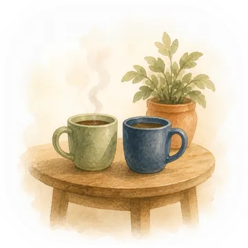 Two mugs of coffee side by side on a table, one with a heart